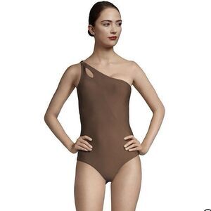 Lands’ End One Shoulder One Piece Swimsuit Brown Size 14 NEW Tummy Control LYCRA